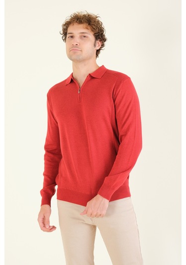 Giyim Dünyası Erkek Yarım Fermuarlı Polo Yaka Kazak Kırmızı 001