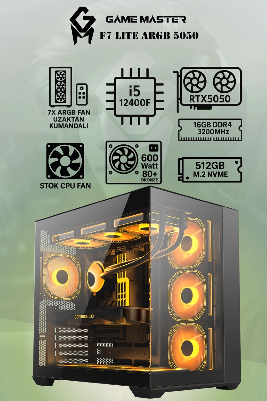 Game Master F7 Lite Argb i5-12400F 16 GB 512 GB SSD RTX5050 Free Dos Masaüstü Oyuncu Bilgisayarı