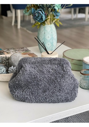 El Yapımı Antrasit Teddy Yün Örgü El Çantası Antrasit