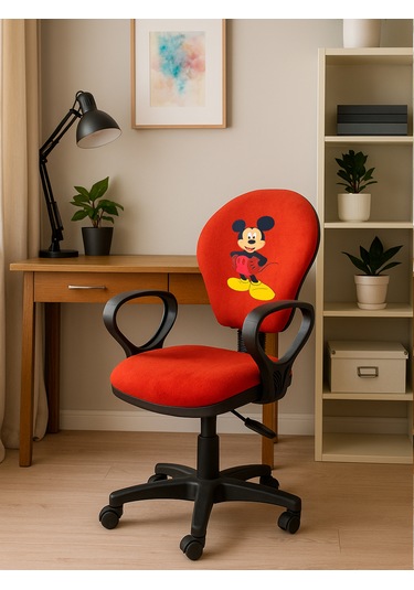 Mickey Mouse Baskılı Turuncu Çocuk Çalışma Sandalyesi Tekerlekli Sandalye, Yükseklik Ayarlı Koltuk Turuncu