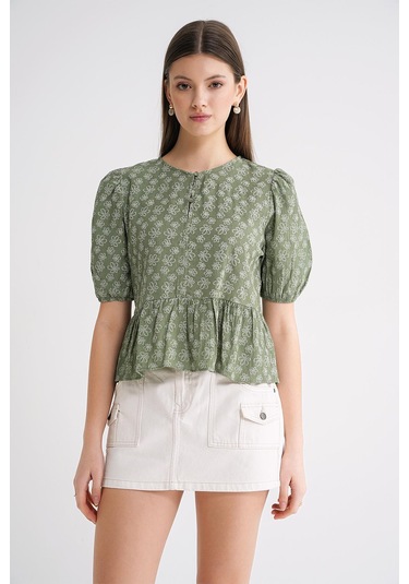 4688 Kadın Balon Kol Çiçek Desenli Peplum Bluz Haki Haki