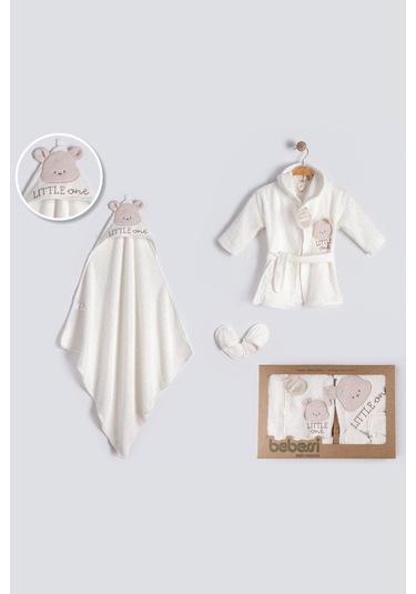 Ayıcık Desenli 3 Parça Kutulu Bornoz Seti Krem