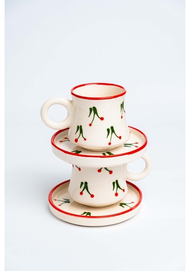 2 Li Takım Kirazlı Desenli El Yapımı Kazan Seramik Kahve Fincanı, Kahve Fincanı Beyaz