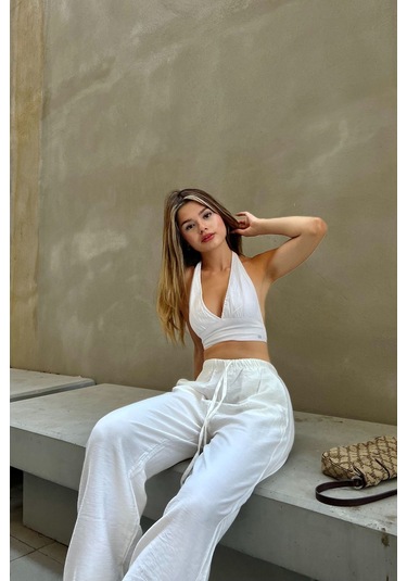 Pembe Keten Karışımlı Bol Kesim Pantolon Beyaz