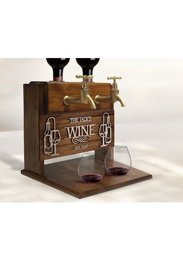Bk Gift Kişiye Özel Kabartma İsimli Çift Musluklu Doğal Ahşap Şarap Standı, İçki Standı, Doğum Günü Hediyesi, Ev Hediyesi, Erkek Hediye-5