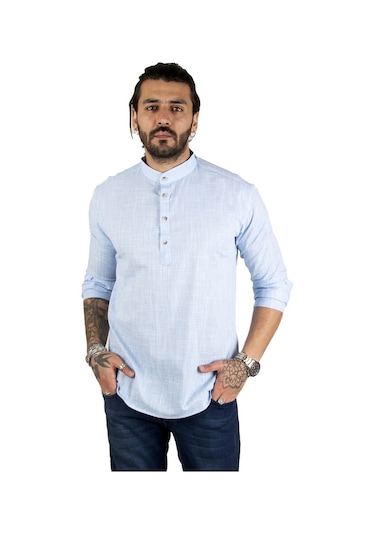 Deepsea Erkek Mavi Yarım Düğme Gömlek 2201914 Mavi