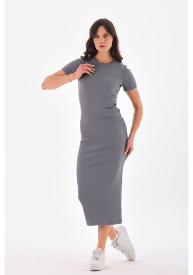 Gri Kısa Kollu Diz Altı Fitilli Esnek Kalem Elbise - 115 Cm Gri