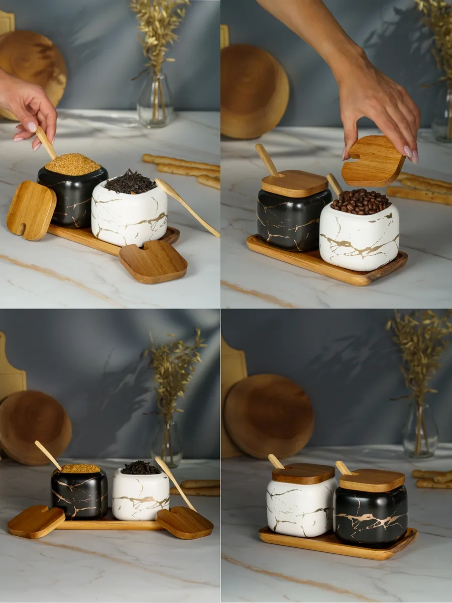 Homehoud Kapaklı Ve Kaşıklı Porselen Şekerlik Sehpa Seti 259176540 Siyah