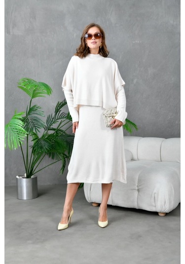 Kadın Dik Yaka Kısa Kol Kazak Uzun Elbise İkili Triko Takım Taş