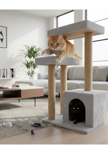 Reyo Pet Kulübeli Çift Teraslı Kedi Tırmalaması Gri