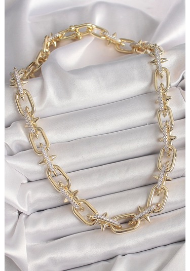 Pirinç Gold Renk Zirkon Taşlı Dikenli Halka Model Vıp Exculusive Seri Kadın Kolye Çok renkli