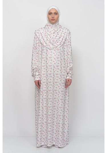 Pratik Tek Parça Çiçek Desenli Kollu Tak Çıkar Başörtülü Likralı Tesettür Namaz Elbisesi 990-0201 Pembe Antrasit