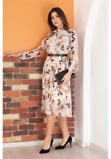 Neşeli Butik Kadın Bej Gömlek Yaka Kemerli Çiçek Desenli Şifon Elbise Ry0031 Bej
