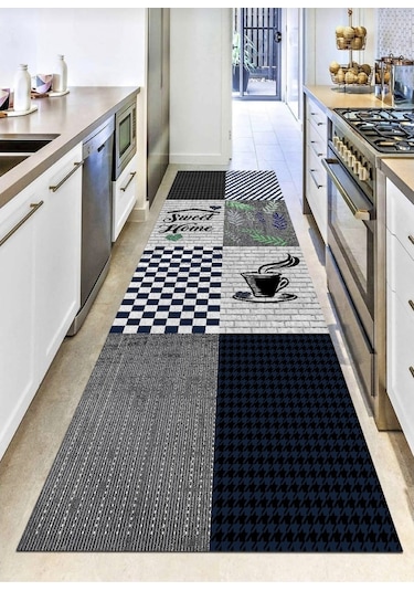 Gri, Mavi Sweet Home, Pamuk Dokuma Taban Mutfak Halısı