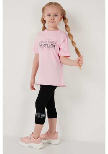 Lela Pamuklu Bisiklet Yaka Kısa Kollu Taytlı Alt-Üst Kız Çocuk Takım 6212007 Pembe