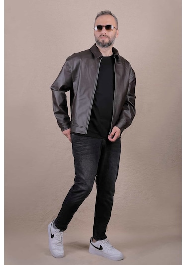 Ohepmoda Oversize Rahat Kalıp Düz Erkek Deri Ceket Kahverengi