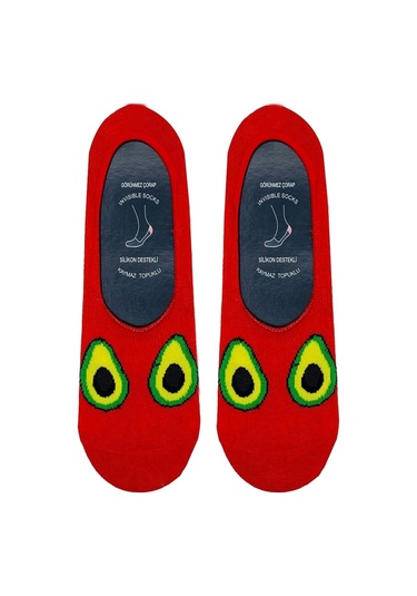 Avokado Desenli Kırmızı Renkli Kaymaz Silikonlu Babet Çorap Çok Renkli