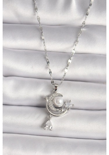 316l Çelik Gümüş Renk Zirkon Taşlı Ay Yıldız Sallantı Detay Kadın Kolye Çok Renkli
