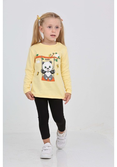 Toontoy Kız Çocuk Sallanan Panda Baskılı Sweatshirt Açık Sarı