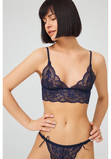 Lacivert Dantelli Transparan Balensiz Kadın Sütyen Takımı Lacivert