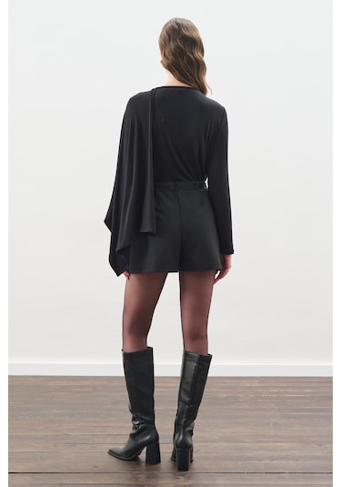 Şal Detaylı Dökümlü Bluz Siyah Siyah