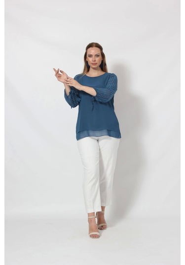 3243 Kolu Taş Baskılı Şık Bluz İndigo Indigo