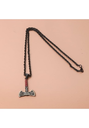 Viking Çift Taraflı Balta Kırmızı İpli Erkek Kolye Çelik Takı