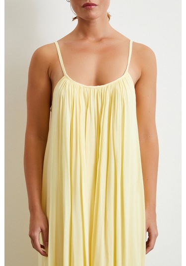 Askılı Piliseli Geniş Elbise Sarı Sarı