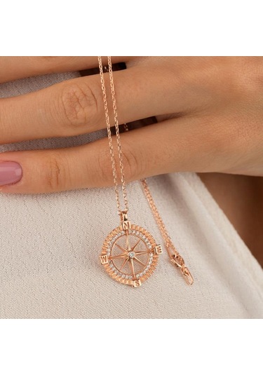 Gümüş Pazarım Taşlı Pusula Kadın Gümüş Kolye