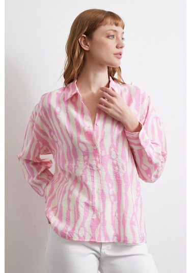Zebra Desen Modal Gömlek Pembe Pembe
