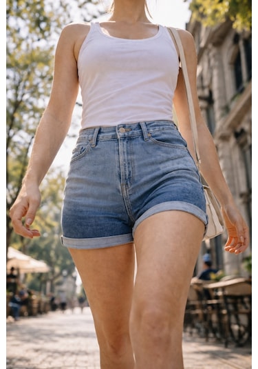 Cedy Denim Kadın Yüksek Bel Duble Paça Kot Şort Klasik Mini Jean Şort C604 Mavi