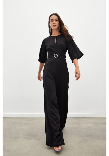 Sateen Kemerli Krep Tulum - Siyah-134836 Siyah