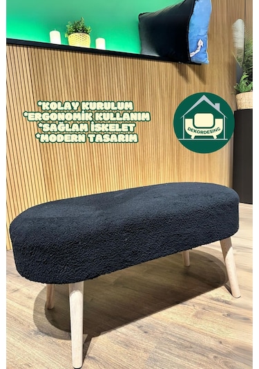 Paris Retro Ahşap Ayaklı Geniş Oturum Alanlı Oval Bench Puf Siyah