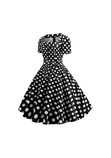 Novahub Kadın Retro Elbise, 1950'ler Vintage A-line, Kare Yaka, Kısa Kollu, Siyah, Nokta Baskı, Orta Bel Kuşaklı, Fiyonk Dekor Siyah
