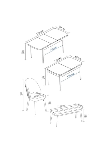 Milas Meşe Desen 80x132 Mdf Açılabilir Yemek Masası Takımı 4 Sandalye, 1 Bench Cappucino
