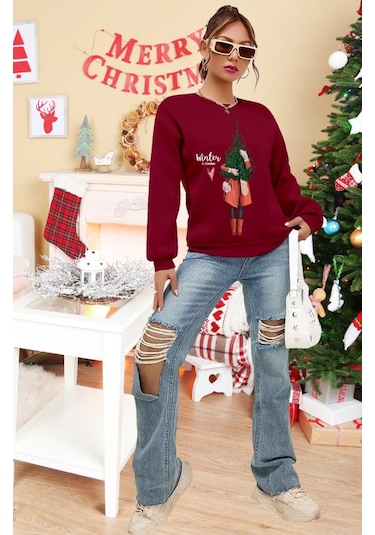 Kadın Uzun Kollu Bisiklet Yaka Desenli Viskon Iki Iplik Bluz Bordo