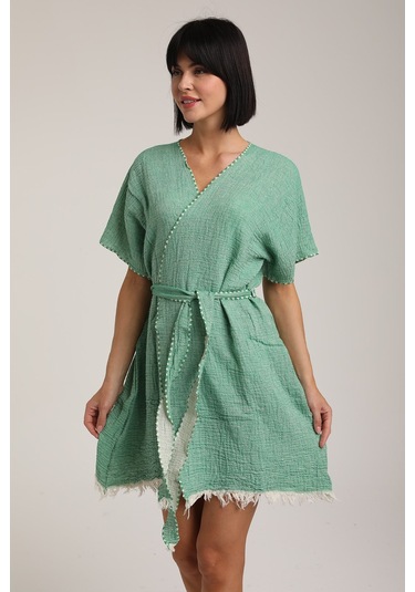 Life For Moda Kadın Kuşaklı Müslin Pareo Kimono P 80 Yeşil