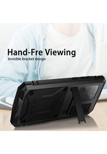 Mufunye Samsung Uyumlu S20ultra İçin Tam Metal Zırh Kılıf - Şok Emici, Cam Korumalı Ve Ayaklı Dikey/yatay Stantlı Sert Korumalı Kılıf
