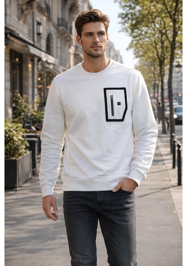 Remsa Erkek Fermuar Detay Bisiklet Yaka Pamuklu Sweatshirt 24722 Ekru Ekru