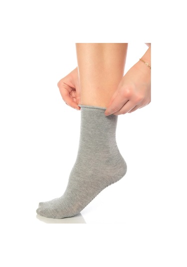 Bambu Kaydırmaz Taban Silikon Baskı Hac Umre Tavaf Hamile Diyabet Pilates Yoga Lastiksiz Çorap 3'lü GRİ MELANJ