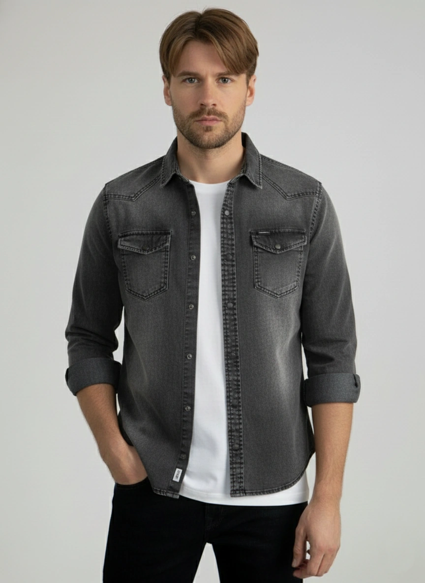 Erkek Gömlek Slim Fit Yıklamalı Kot Gömlek Füme