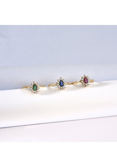 14 Ayar Mikron Altın Kaplama Zümrüt Yeşili Taşlı Damla Halo Yüzük Vintage Stil - Rs00117 Altın