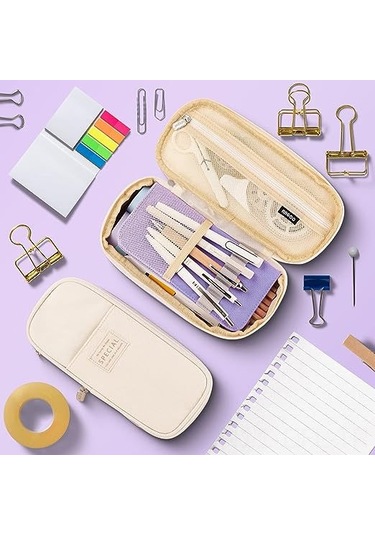 Dofolink Renkli Çanta: Geniş Kapasiteli 3 Bölmeli Gergin Askılıklı Kanvas Kalem Çantası, 50-60 Kalem Saklar, Seyahat/makeup/teknik Çantası Olarak Kullanılabilir - Mor/krem Çok Renkli