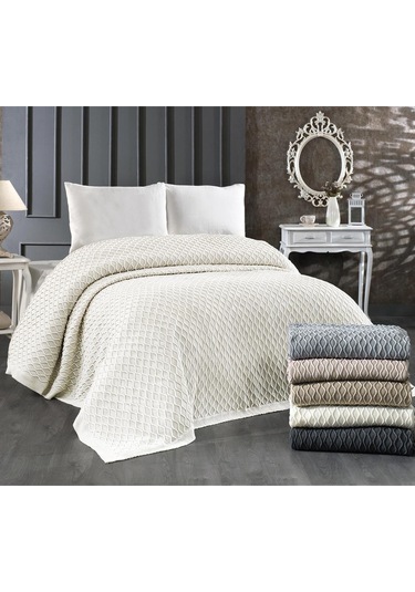 Akrilik Örgü Battaniye Çift Kişilik 220 X 240 Cm Yatak Örtüsü Pike Poly Krem