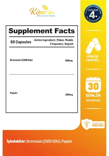 Kiperin Bromelain 2500 Gdu & Papain - Doğal Proteolitik Enzim 30kapsül & 700mg Akıllı Gıda Takviyesi
