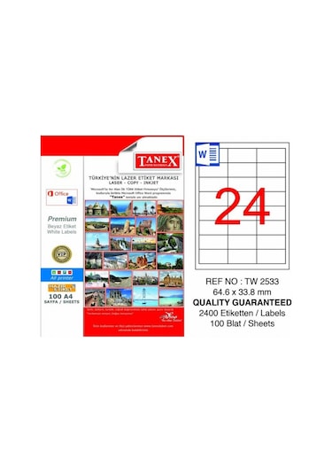 Tanex Tw-2533 Beyaz Adresleme ve Postalama Etiketi 64.6 MM X 33.8