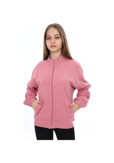 Toontoy Kız Çocuk Dik Yaka Fermuarlı Cepli Düşük Omuz Nakış Baskılı Örme Hırka -3 İplik Şardunsuz Gül Kurusu