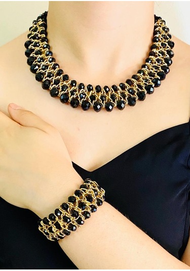 Siyah Kristal Taşlı El Yapımı Kolye Ve Bilezik Siyah