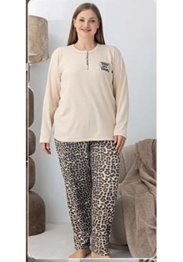 Lindros Kadın Pamuk'lu Düğme Yaka Raporlu İnterlok Kışlık Battal Pijama Takımı 05160 - 1 Adet Ekru