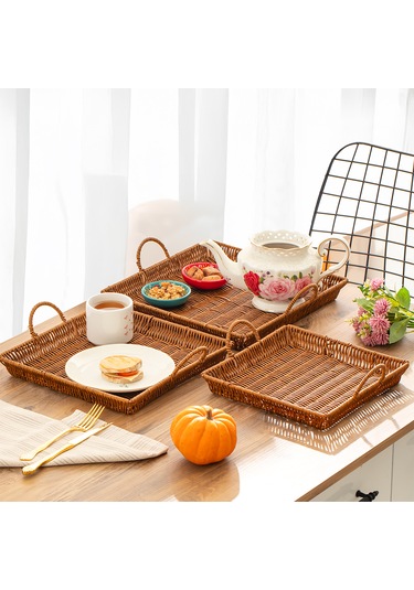 Porsima 709c Kare 3'lü Hasır Tepsi Dekoratif Sunum Servis Tepsisi